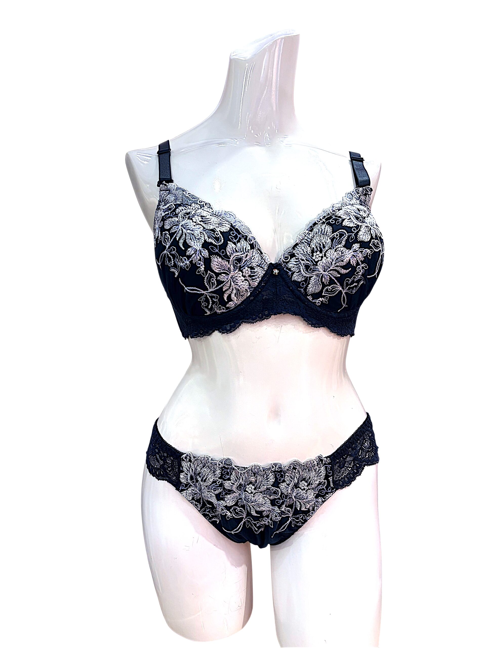 8000203 navy & white floral | fg cup lace bra & panty set