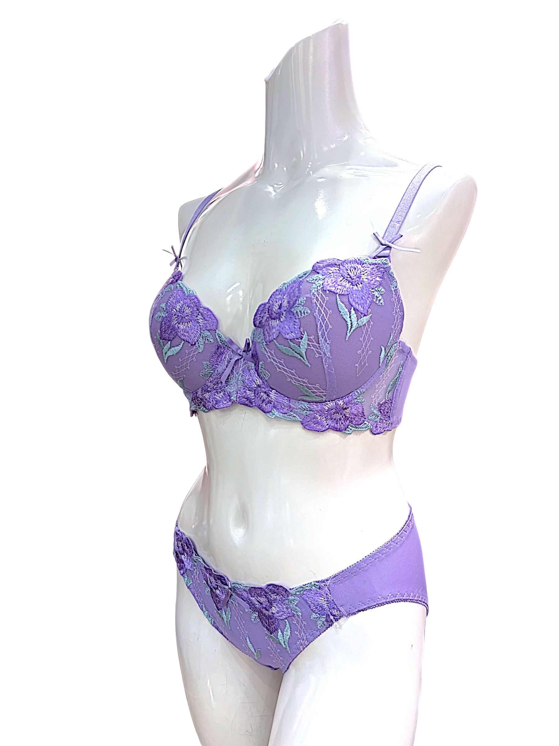 5009 Purple & White Floral Lace Bra & Panty Set for Narrow Shoulders | D-DD Cup - Image 13
