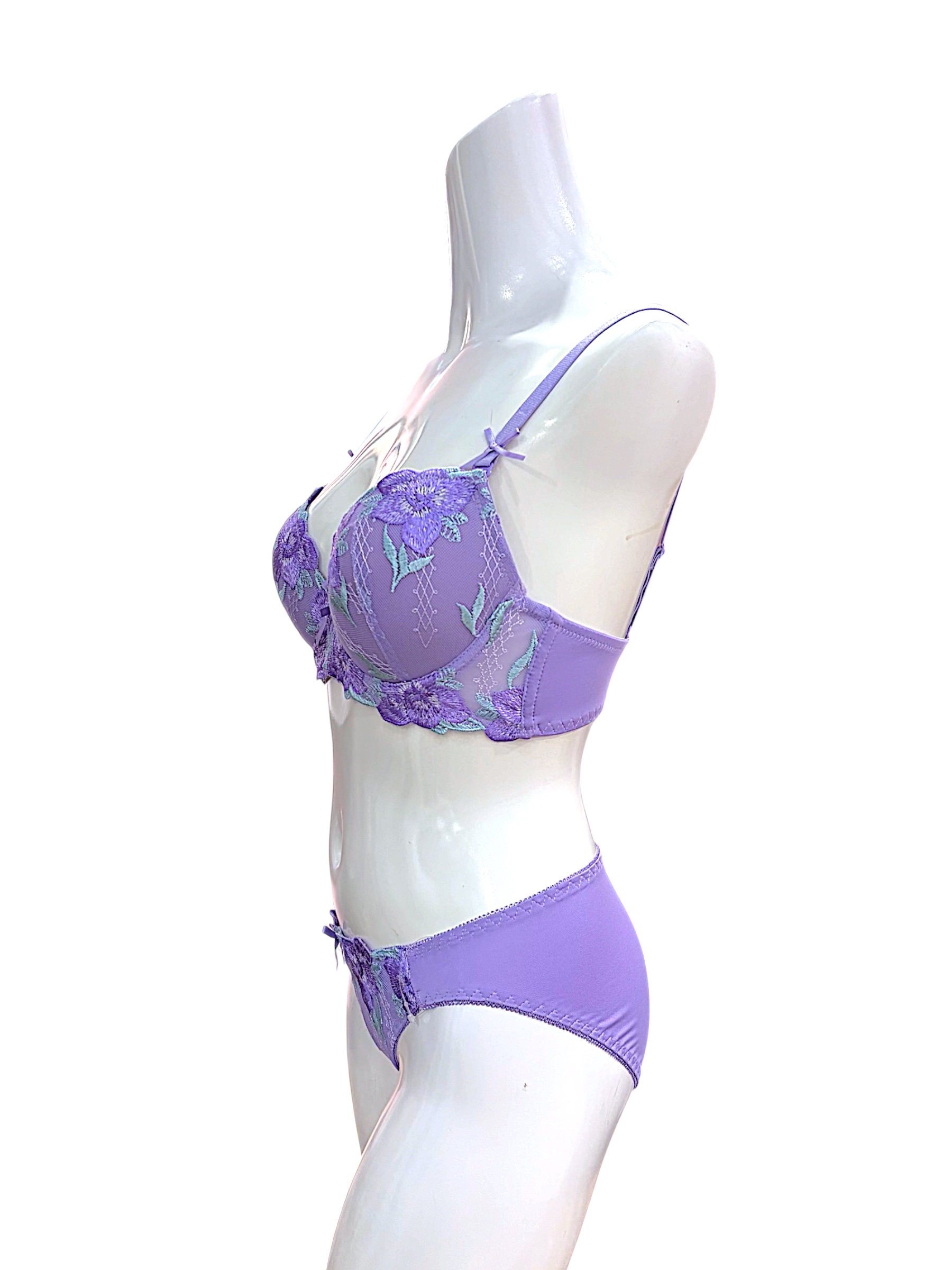 5009 Purple & White Floral Lace Bra & Panty Set for Narrow Shoulders | D-DD Cup - Image 14