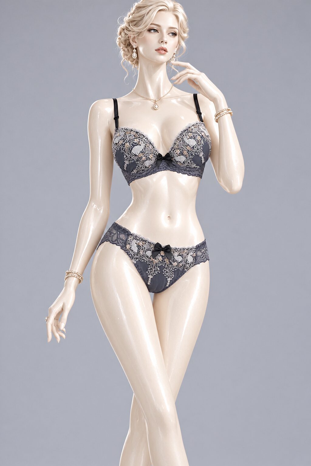 A–C Cup | Gray & Purple Lace Bra & Panty Set for Small Band - Image 2