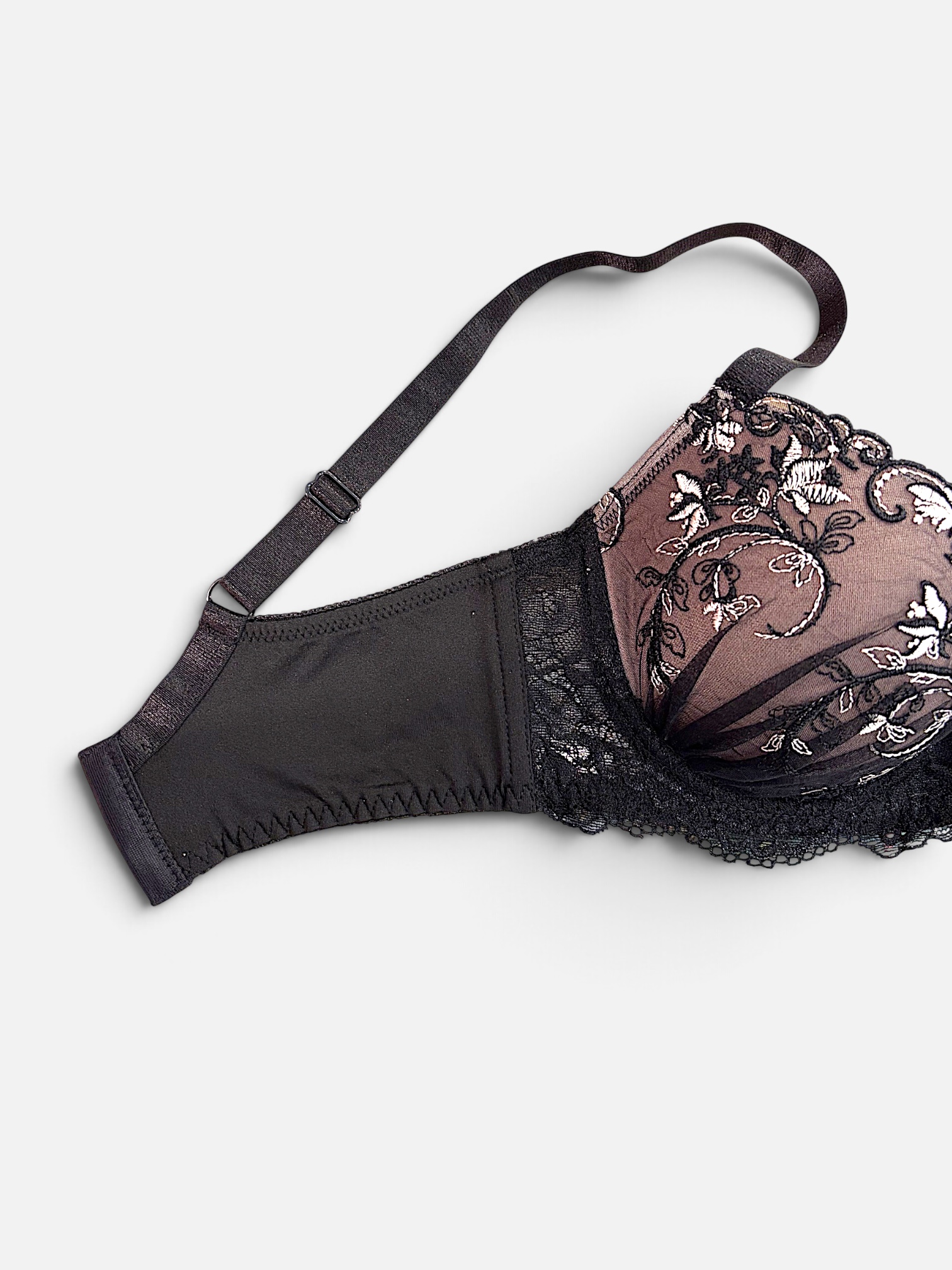 A–C Cup | Ivory & Black Floral Embroidered Lace Bra & Panty Set for Small Band - Image 39