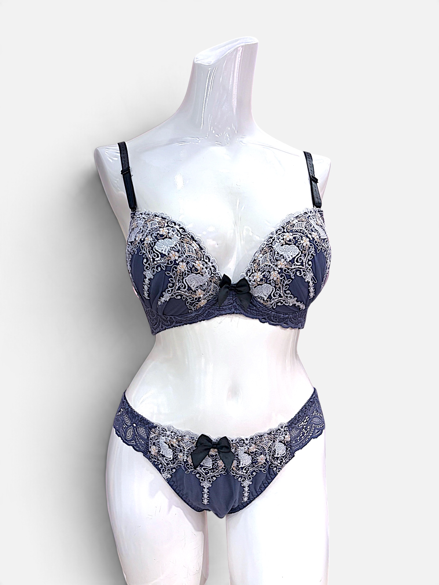 A–C Cup | Gray & Purple Lace Bra & Panty Set for Small Band - Image 14