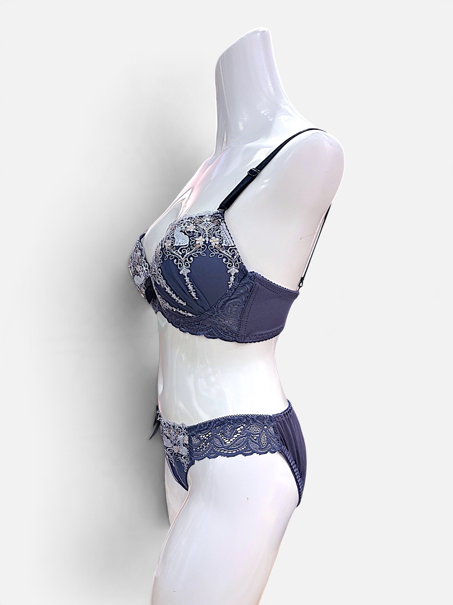 A–C Cup | Gray & Purple Lace Bra & Panty Set for Small Band - Image 11